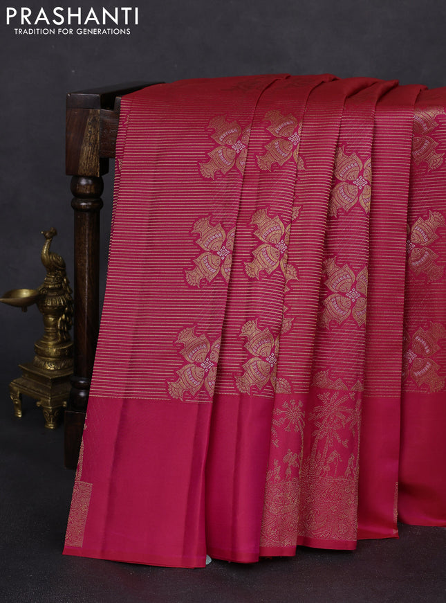 Pure kanchipuram silk saree dual shade of pinkish orange with allover zari woven vairaosi pattern & buttas and simple border