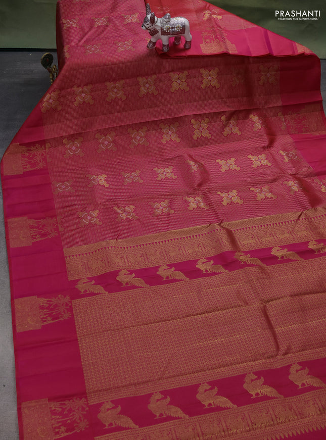 Pure kanchipuram silk saree dual shade of pinkish orange with allover zari woven vairaosi pattern & buttas and simple border