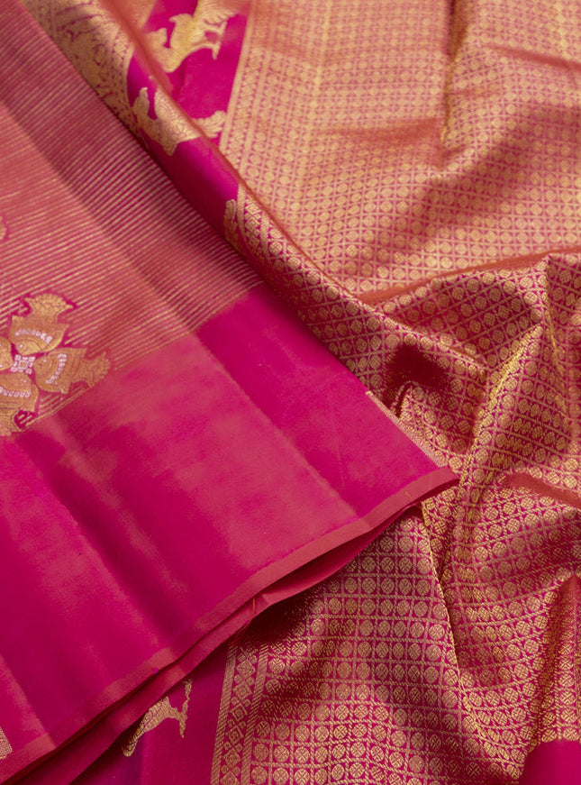Pure kanchipuram silk saree dual shade of pinkish orange with allover zari woven vairaosi pattern & buttas and simple border