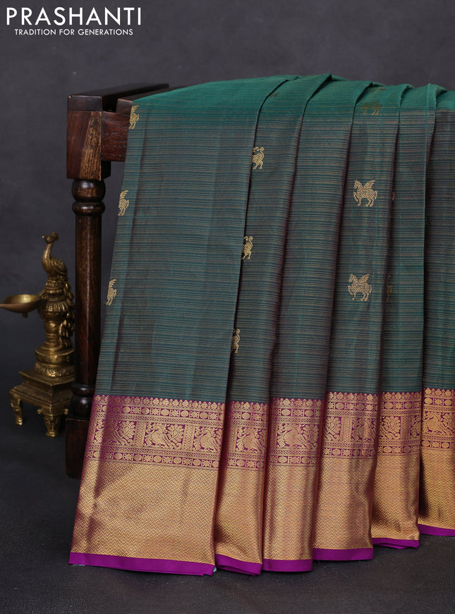 Pure kanchipuram silk saree peacock green and purple with allover zari woven vairaosi pattern and zari woven border