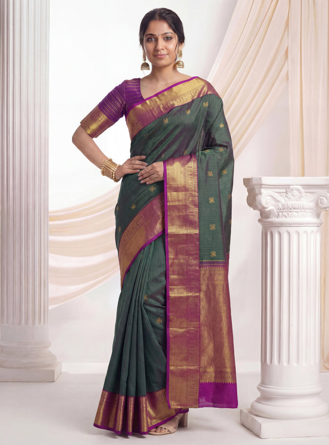 Pure kanchipuram silk saree peacock green and purple with allover zari woven vairaosi pattern and zari woven border