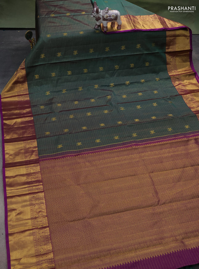 Pure kanchipuram silk saree peacock green and purple with allover zari woven vairaosi pattern and zari woven border