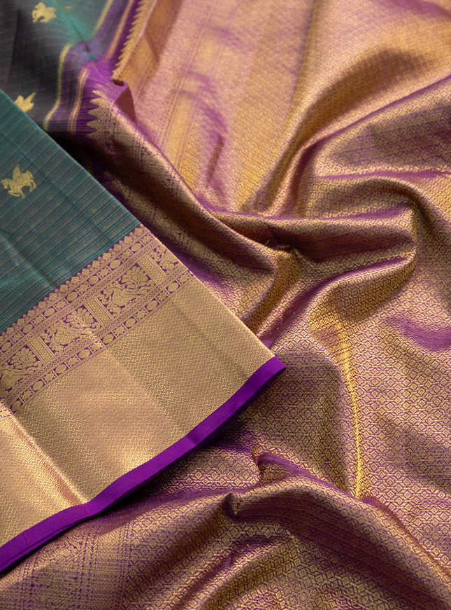 Pure kanchipuram silk saree peacock green and purple with allover zari woven vairaosi pattern and zari woven border