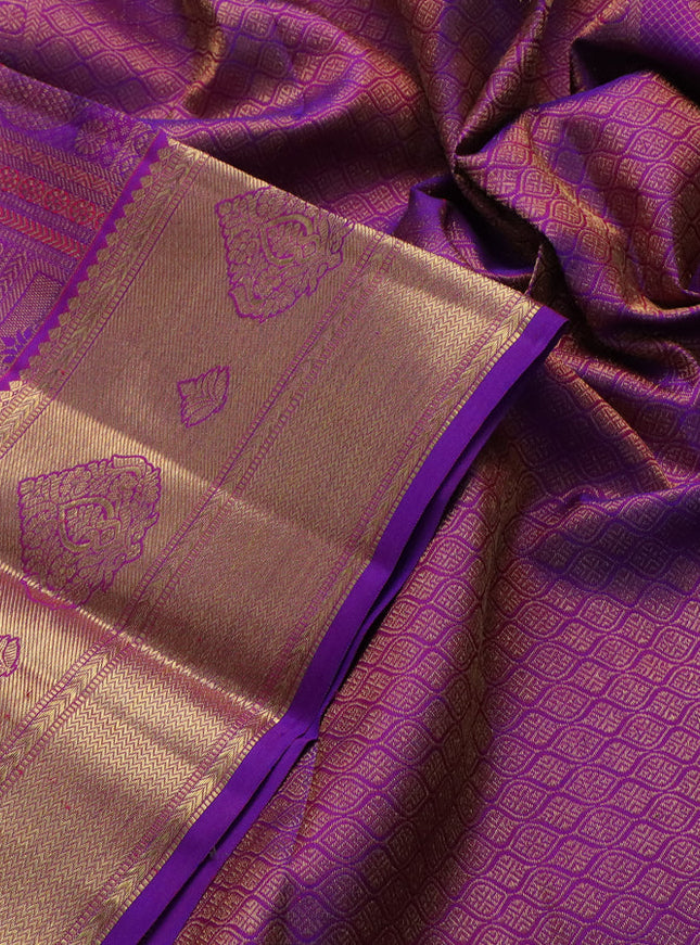 Pure kanchipuram silk saree purple with allover zari woven brocade weaves and zari woven border