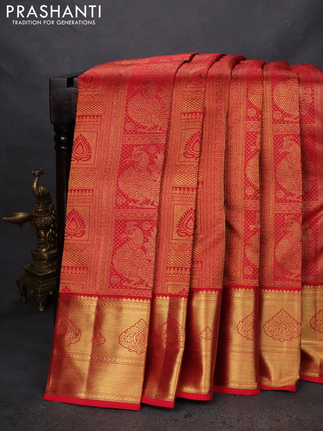 Pure kanchipuram silk saree red with allover zari woven brocade weaves and zari woven border