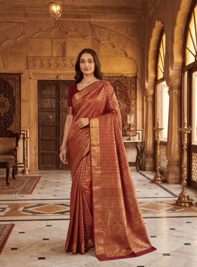Pure kanchipuram silk saree deep maroon with allover zari checks & mayil chakram buttas and zari woven border