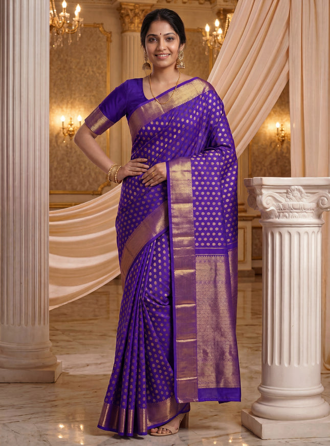 Pure kanchipuram silk saree purple with allover annam & mayil chakram buttas and zari woven border