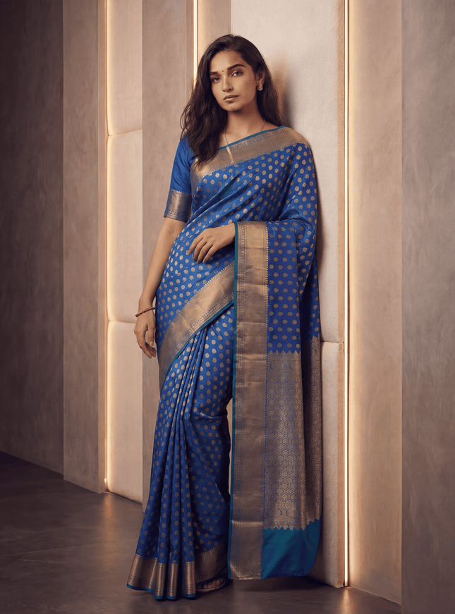 Pure kanchipuram silk saree peacock blue with allover annam & mayil chakram buttas and zari woven border