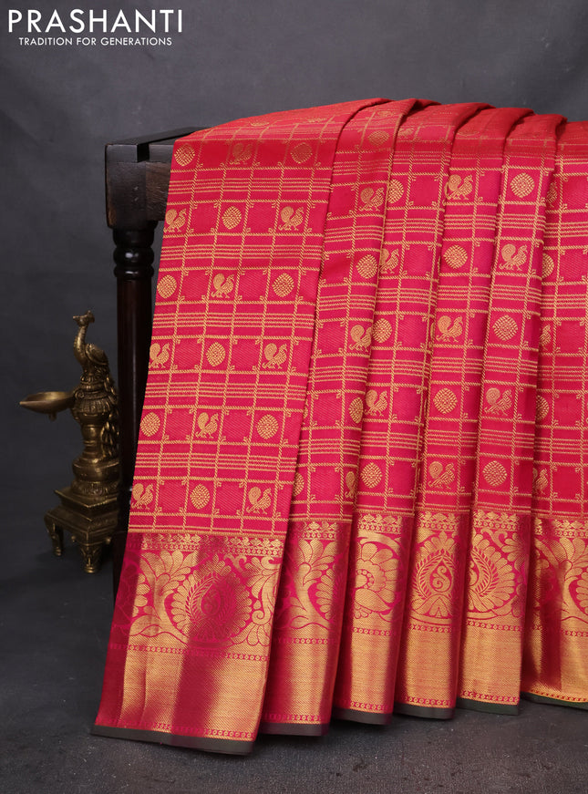 Pure kanchipuram silk saree dual shade of pink and green with allover zari checks & mayil chakram buttas and zari woven border