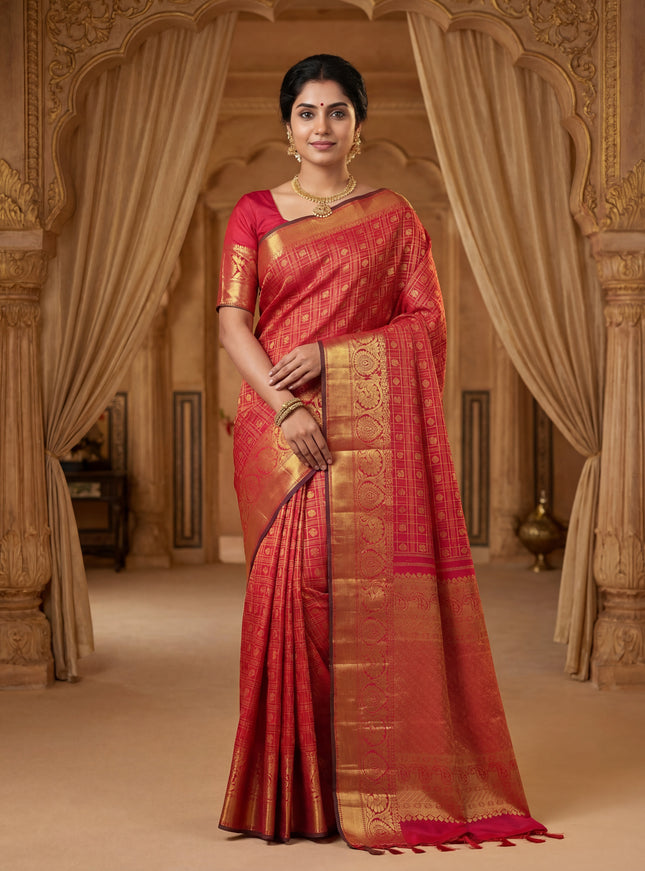 Pure kanchipuram silk saree dual shade of pink and green with allover zari checks & mayil chakram buttas and zari woven border