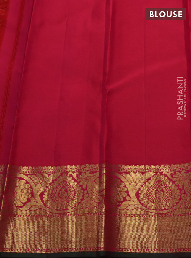 Pure kanchipuram silk saree dual shade of pink and green with allover zari checks & mayil chakram buttas and zari woven border