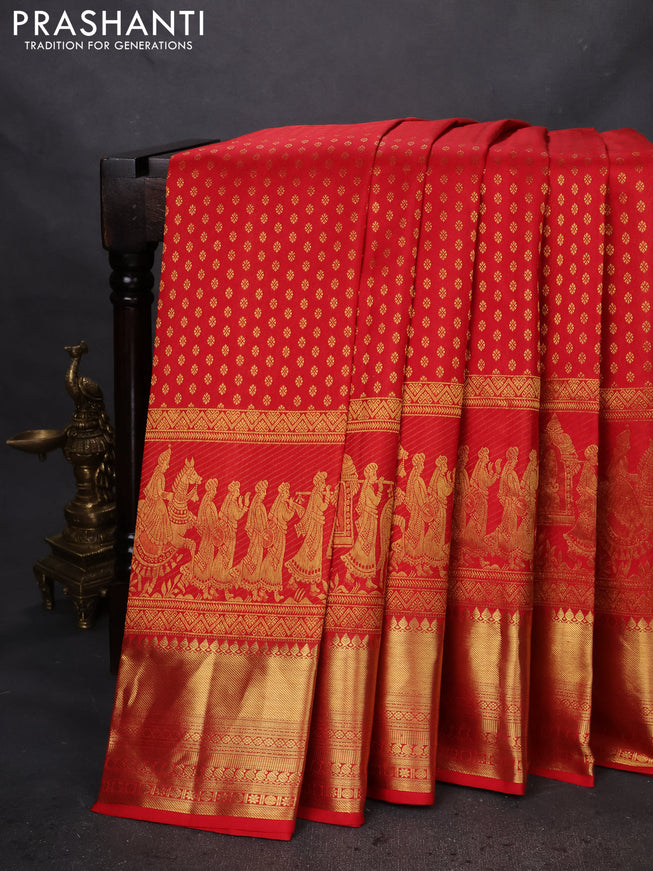 Pure kanchipuram silk saree red with allover zari woven butta weaves and long rich pallak design border