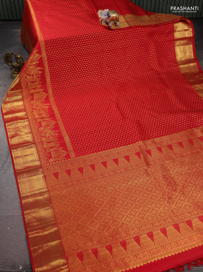 Pure kanchipuram silk saree red with allover zari woven butta weaves and long rich pallak design border