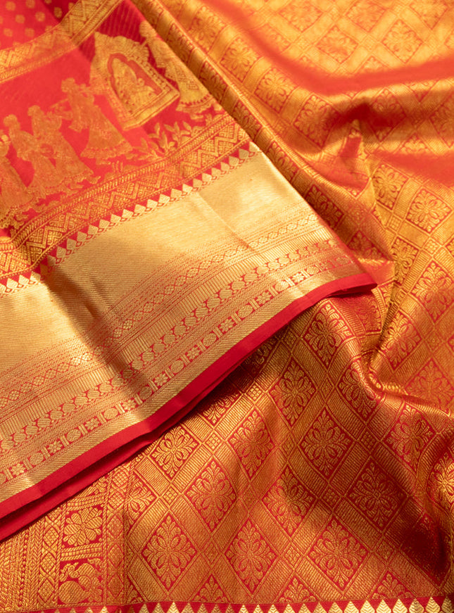 Pure kanchipuram silk saree red with allover zari woven butta weaves and long rich pallak design border