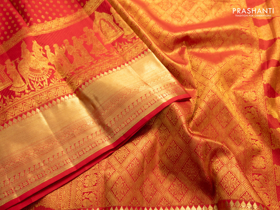 Pure kanchipuram silk saree red with allover zari woven butta weaves and long rich pallak design border