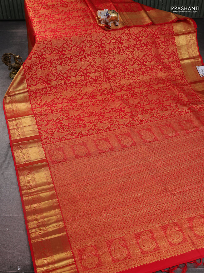 Pure kanchipuram silk saree red with allover zari woven brocade weaves and zari woven border