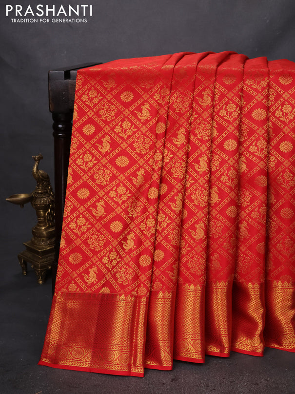 Pure kanchipuram silk saree red with allover zari woven brocade weaves and zari woven border