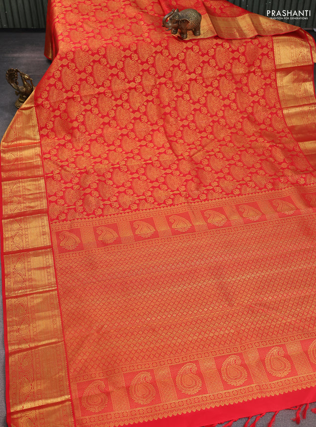 Pure kanchipuram silk saree red with allover zari woven brocade weaves and zari woven border