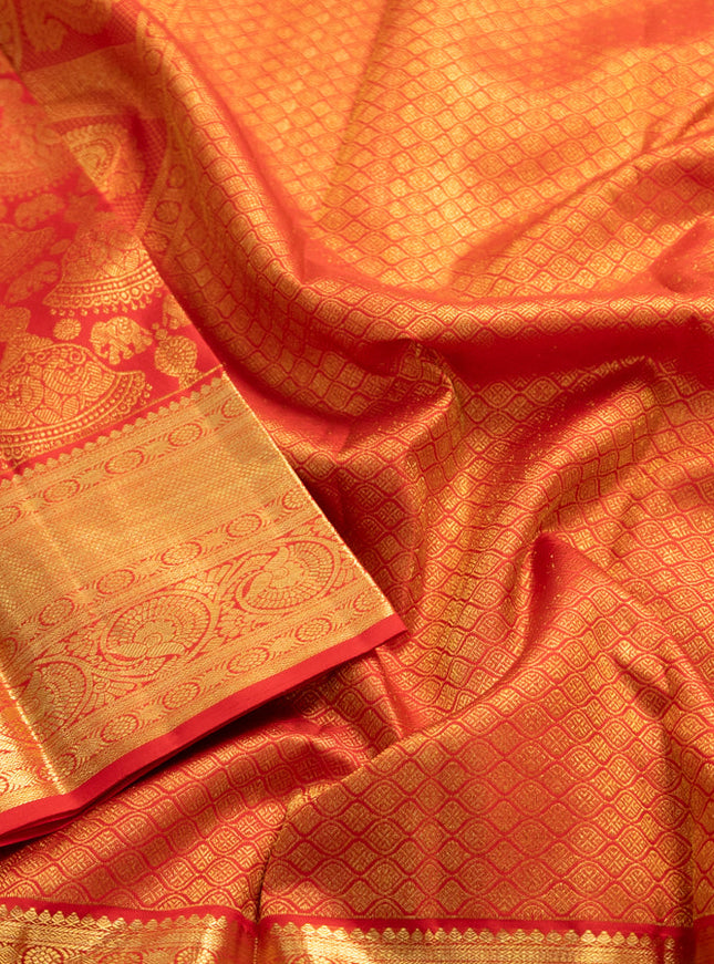Pure kanchipuram silk saree red with allover zari woven brocade weaves and zari woven border