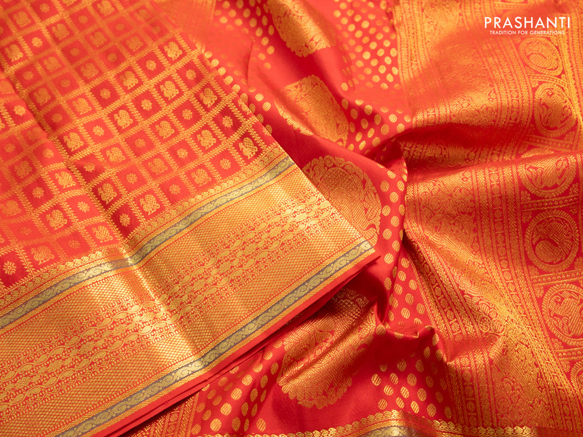 Pure kanchipuram silk saree red with allover zari checks & buttas and zari woven border