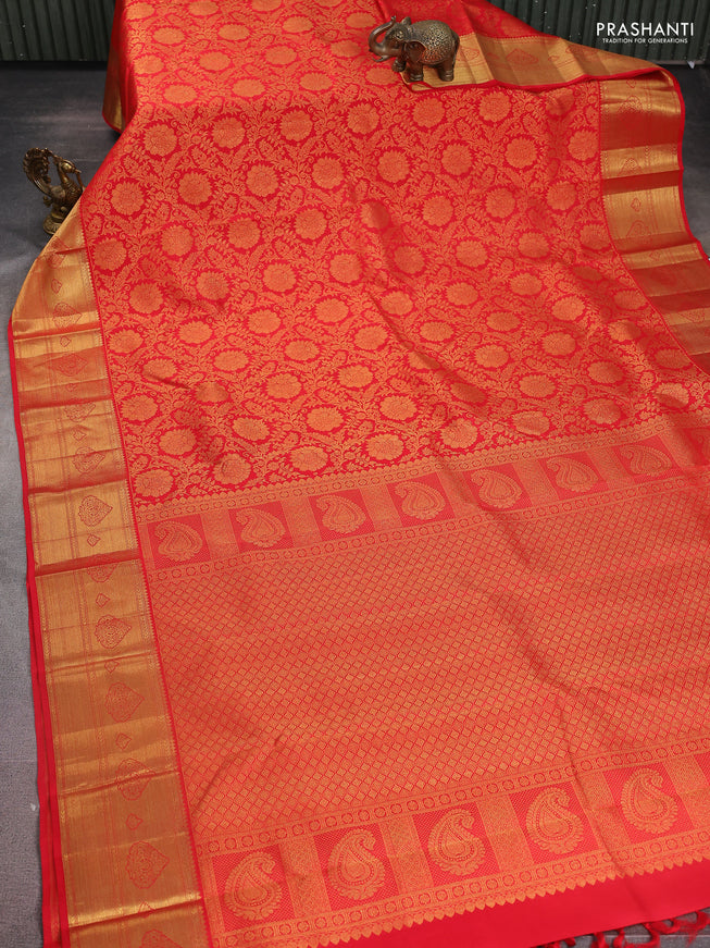 Pure kanchipuram silk saree red with allover zari woven brocade weaves and zari woven border