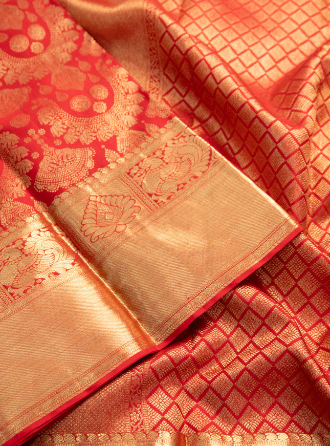 Pure kanchipuram silk saree red with allover zari woven brocade weaves and zari woven border