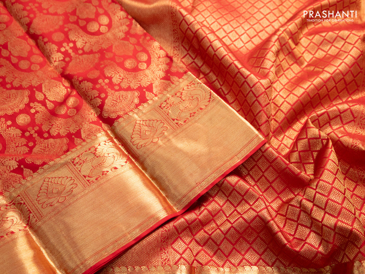 Pure kanchipuram silk saree red with allover zari woven brocade weaves and zari woven border