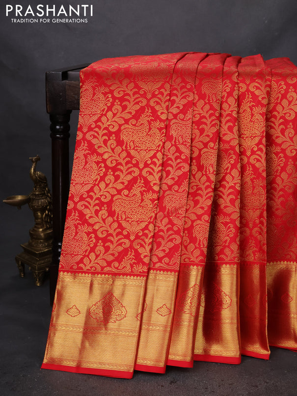 Pure kanchipuram silk saree red with allover zari woven brocade weaves and zari woven border