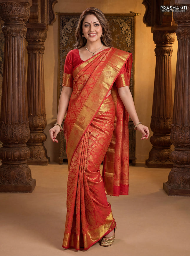Pure kanchipuram silk saree red with allover zari woven brocade weaves and zari woven border