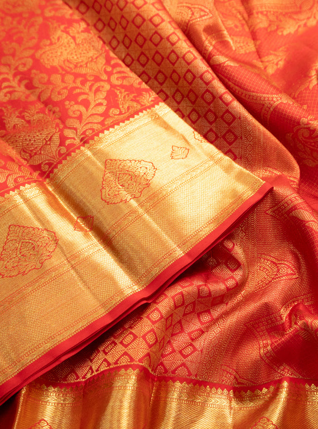 Pure kanchipuram silk saree red with allover zari woven brocade weaves and zari woven border