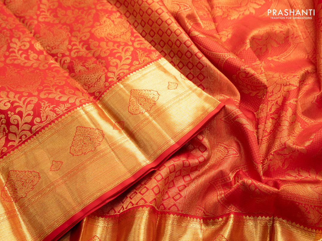 Pure kanchipuram silk saree red with allover zari woven brocade weaves and zari woven border