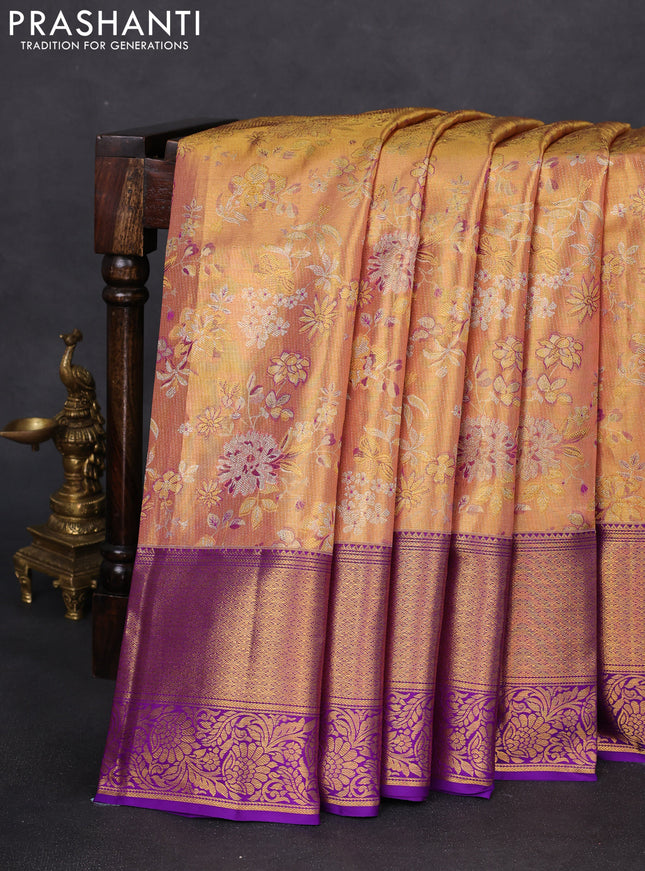 Pure kanchipuram tissue silk saree gold and violet with allover zari woven mina weaves and long zari woven border