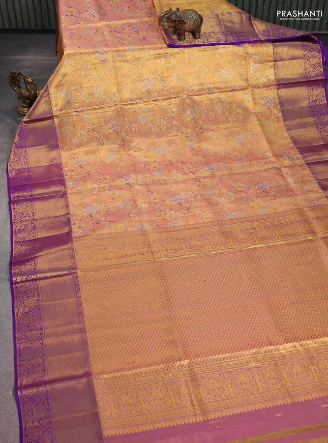 Pure kanchipuram tissue silk saree gold and violet with allover zari woven mina weaves and long zari woven border
