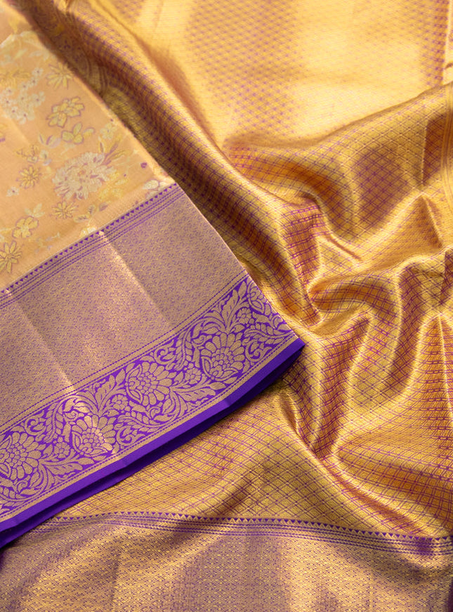 Pure kanchipuram tissue silk saree gold and violet with allover zari woven mina weaves and long zari woven border