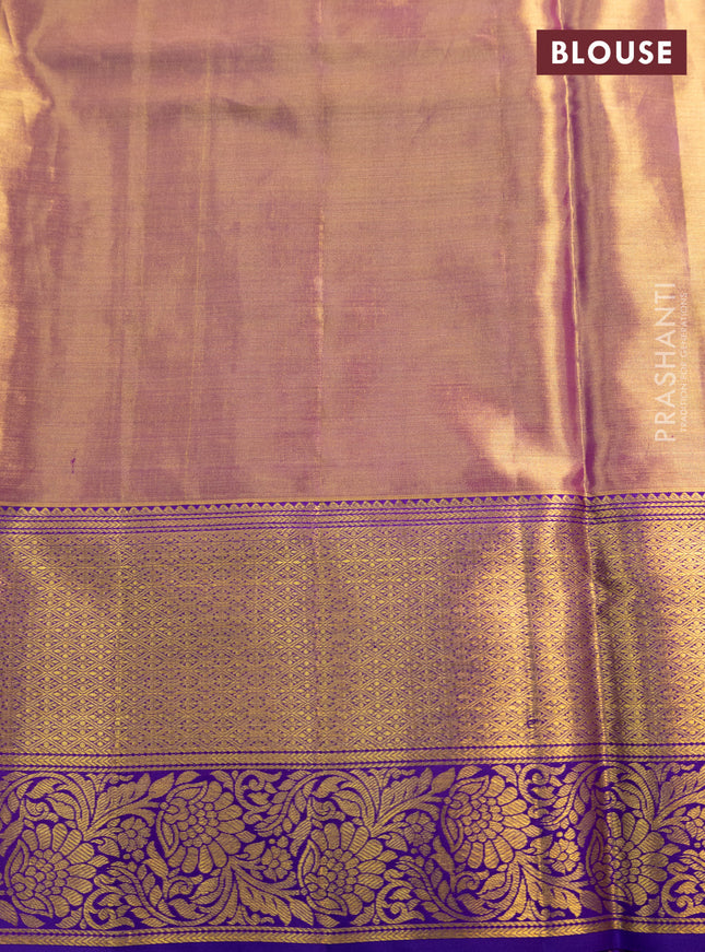 Pure kanchipuram tissue silk saree gold and violet with allover zari woven mina weaves and long zari woven border