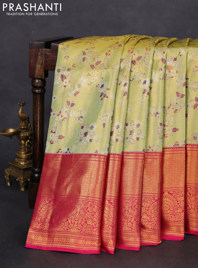 Pure kanchipuram tissue silk saree pista green and pink with allover zari woven mina weaves and long zari woven border