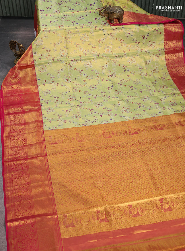 Pure kanchipuram tissue silk saree pista green and pink with allover zari woven mina weaves and long zari woven border