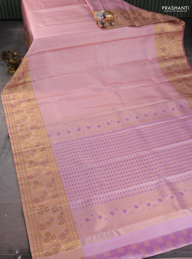 Pure kanchipuram silk saree pastel pink and purple with allover zari woven brocade weaves and zari woven mina border