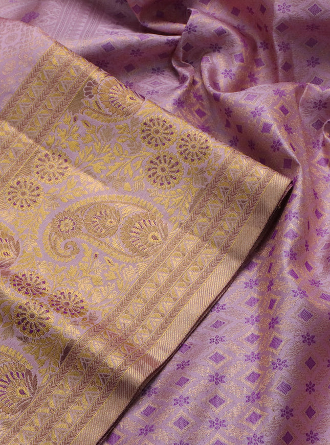 Pure kanchipuram silk saree pastel pink and purple with allover zari woven brocade weaves and zari woven mina border