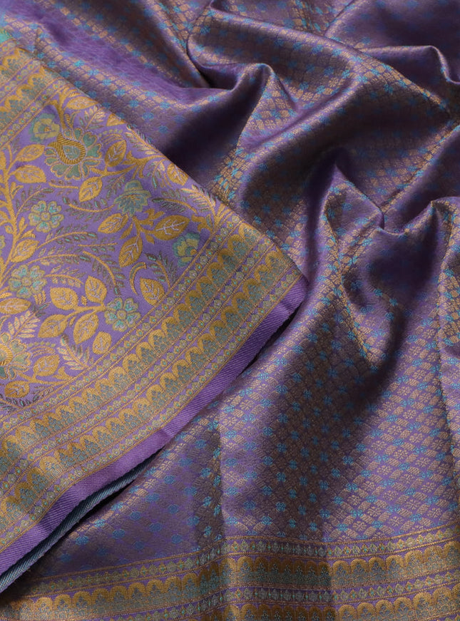 Pure kanchipuram silk saree teal blue and lavender with allover zari woven brocade weaves and zari woven mina border