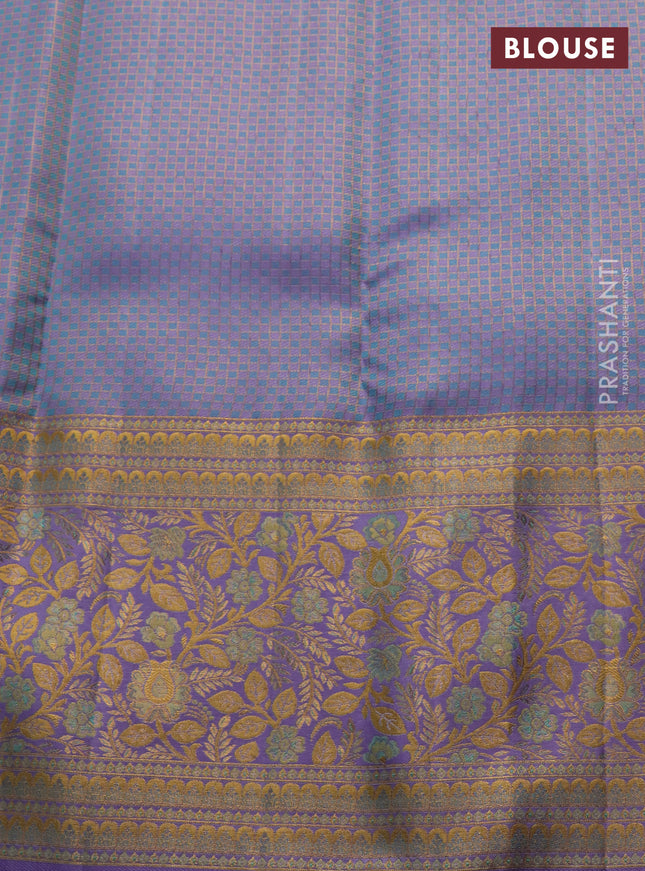 Pure kanchipuram silk saree teal blue and lavender with allover zari woven brocade weaves and zari woven mina border