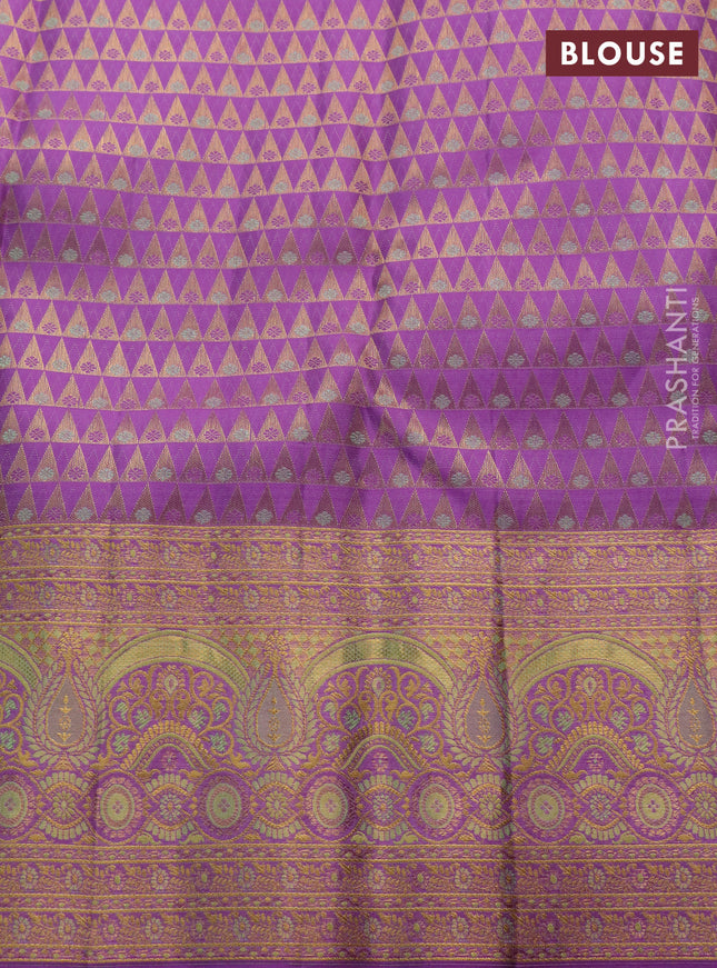 Pure kanchipuram silk saree pista green and purple with allover zari woven brocade weaves and zari woven mina border
