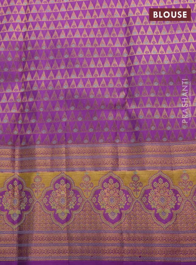 Pure kanchipuram silk saree pastel shade and purple with allover zari woven brocade weaves and zari woven mina border