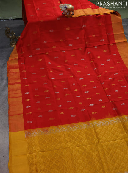 Pure uppada silk saree red and dark mustard with silver & gold zari woven buttas and zari woven border