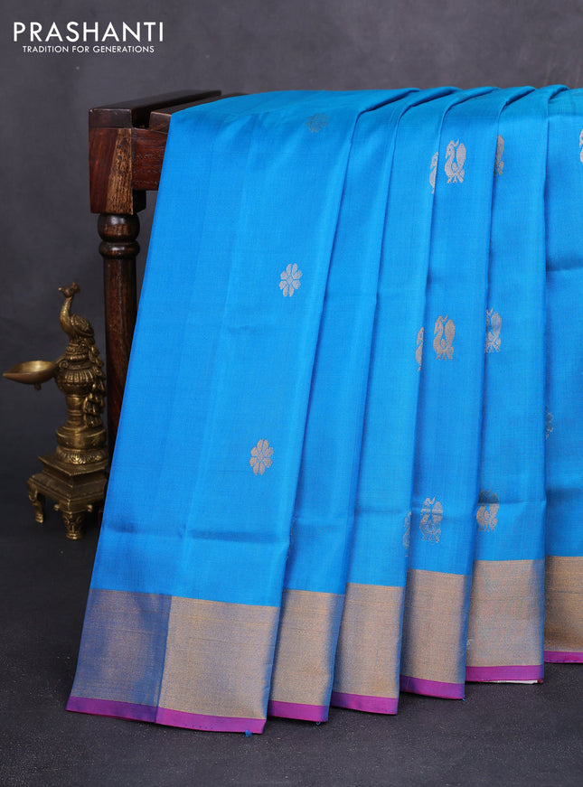 Pure uppada silk saree cs blue and pink with silver & gold zari woven buttas and zari woven border