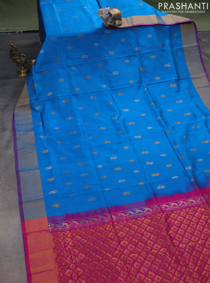 Pure uppada silk saree cs blue and pink with silver & gold zari woven buttas and zari woven border