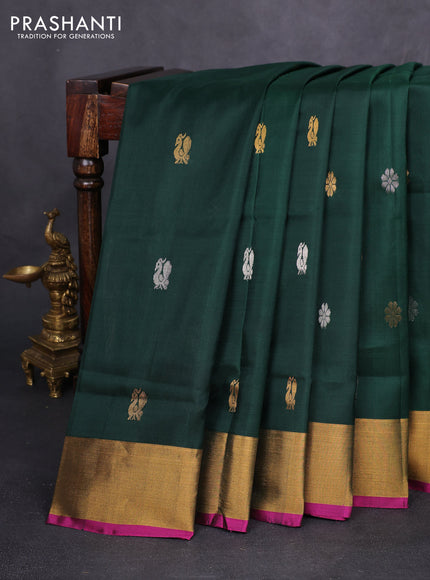 Pure uppada silk saree dark green and pink with silver & gold zari woven buttas and zari woven border