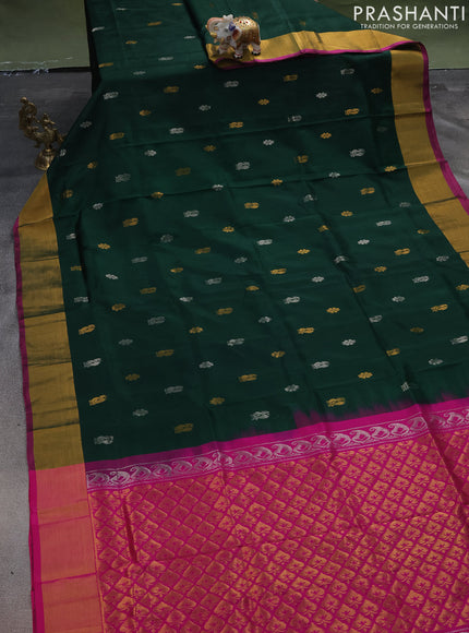 Pure uppada silk saree dark green and pink with silver & gold zari woven buttas and zari woven border