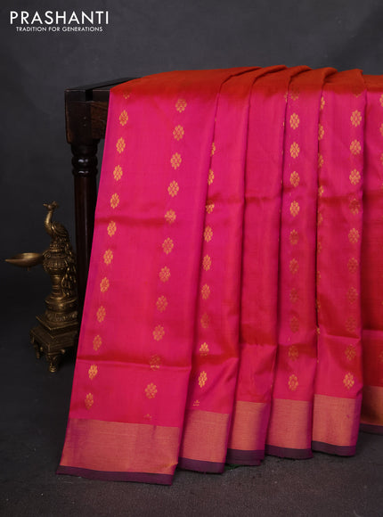 Pure uppada silk saree dual shade of pinkish orange and sap green with allover zari woven buttas and zari woven border