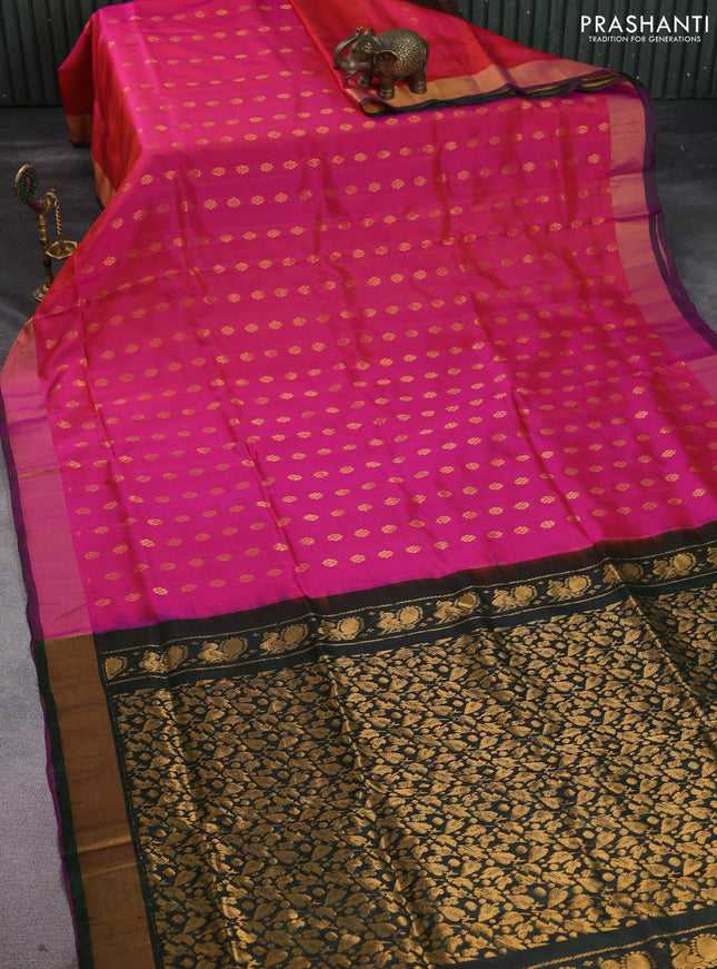 Pure uppada silk saree dual shade of pinkish orange and sap green with allover zari woven buttas and zari woven border